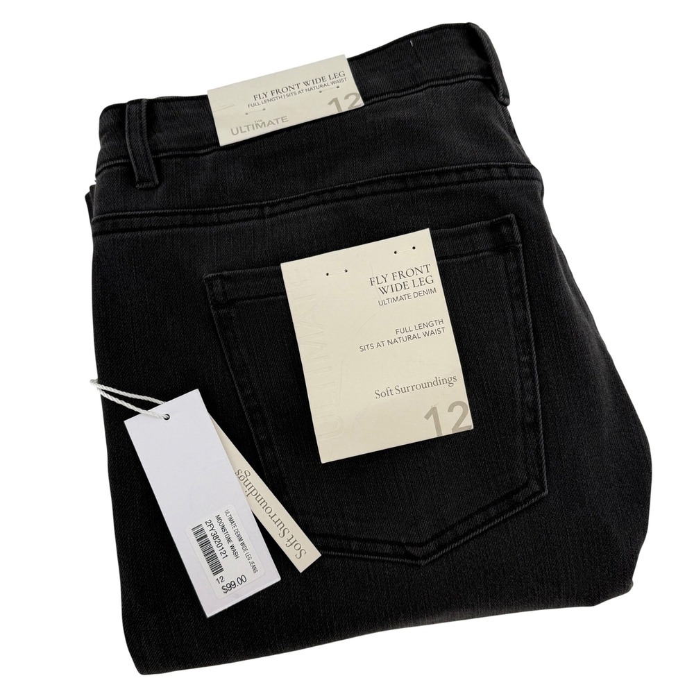 Soft Surroundings Ultimate Denim Fly Front Wide Leg Jeans Black Wash Size 12 New